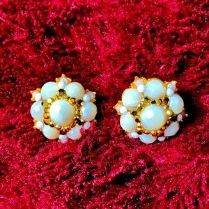 Vintage Jose & Maria Barrera Gold Tone & White Beaded Earrings with Crystals
